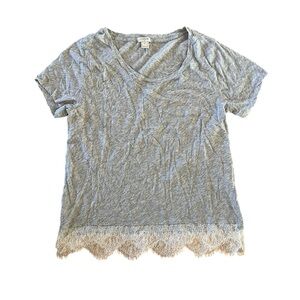 J Crew Women’s Gray Lace Hem Short Sleeve Cotton Top Medium